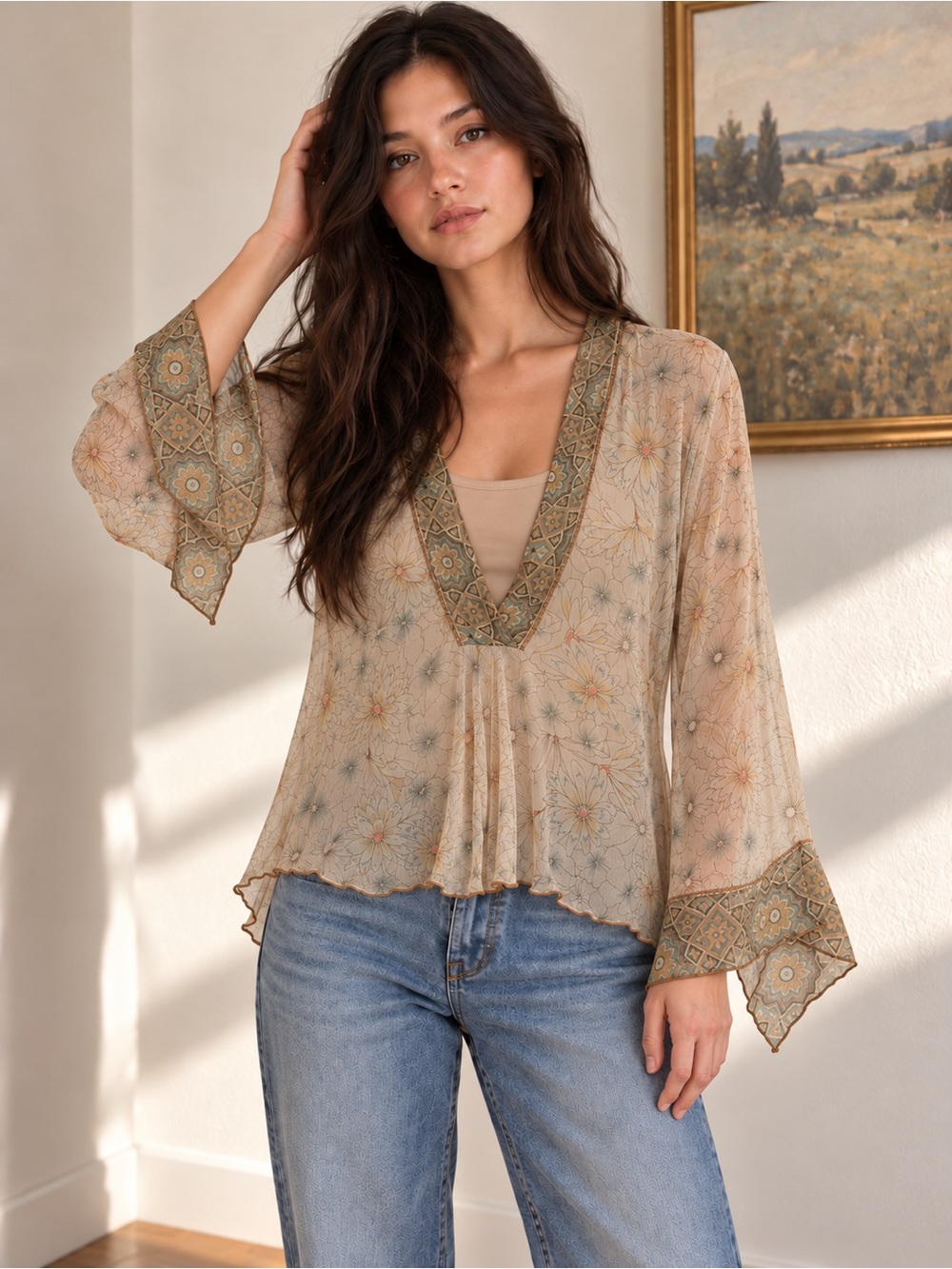 RARE 100% Silk Sheer Beige Blouse Bell Sleeve Boho Fairycore Medium